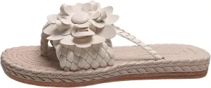 Womens Flat Sandals Flip Flops for Women Flower Braided Slide Sandals Beach Comfortable Slip On Slippers, Espadrille Sole Vacation Outdoor Thong Sandal Comfy Summer Flat Slippers