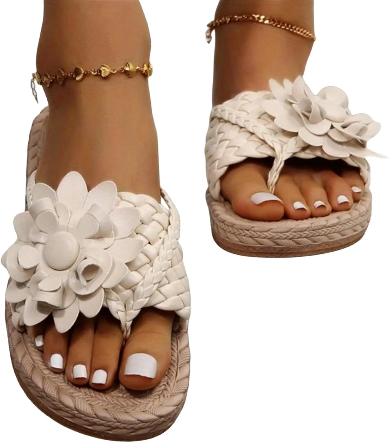 Womens Flat Sandals Flip Flops for Women Flower Braided Slide Sandals Beach Comfortable Slip On Slippers, Espadrille Sole Vacation Outdoor Thong Sandal Comfy Summer Flat Slippers
