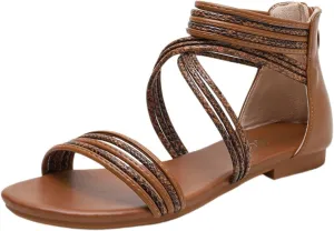 Womens Open Toe Flats Comfortable Dressy Ankle Strappy Flat Sandals Boho Beach Shoes Gladiator Shoes Roman Style Lightweight, Breathable, Casual, Slip On, Fashion Walking Sandal