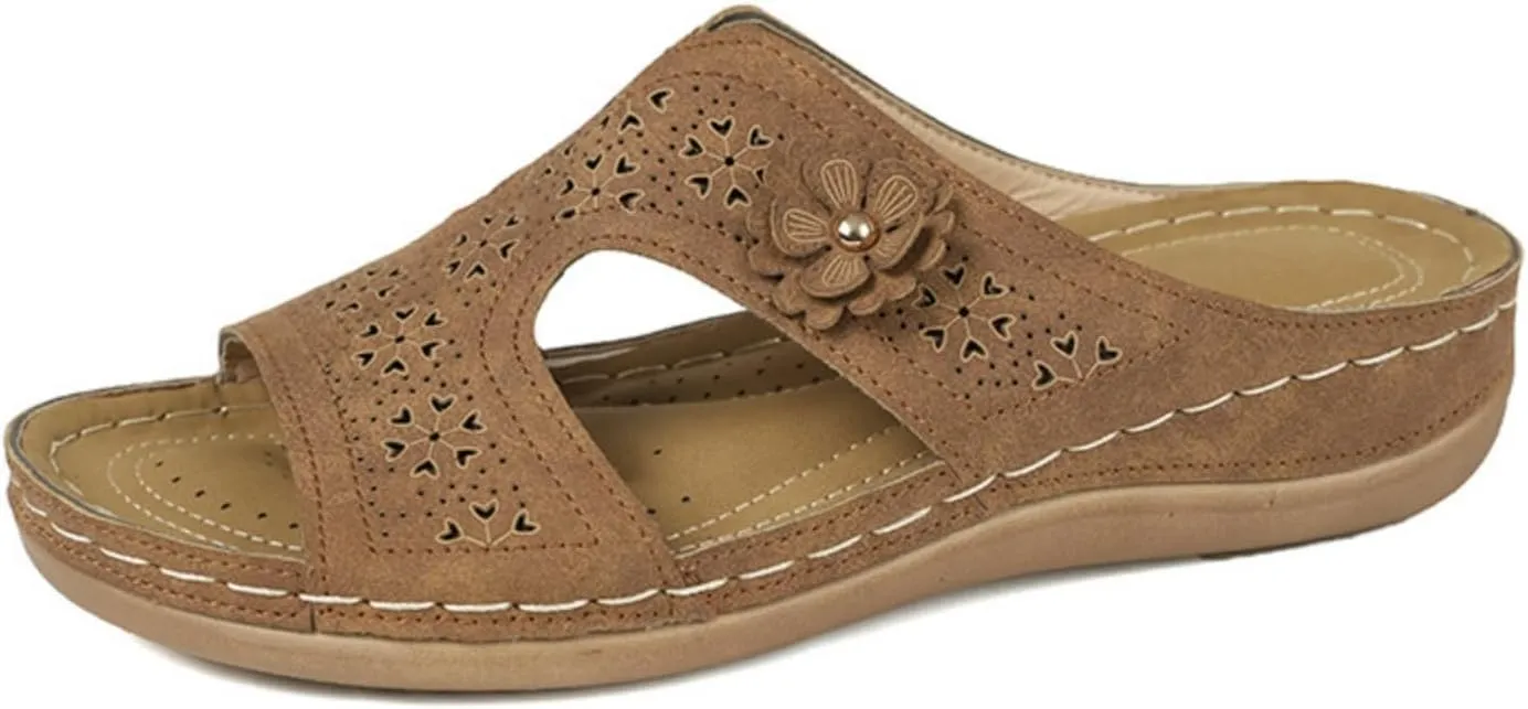 Womens Orthopedic Sandals Arch Support Low Wedge Sandals for Women Dressy Hollow Out Flower Platform Sandal Summer Casual Comfortable Slip On Walking Slippers