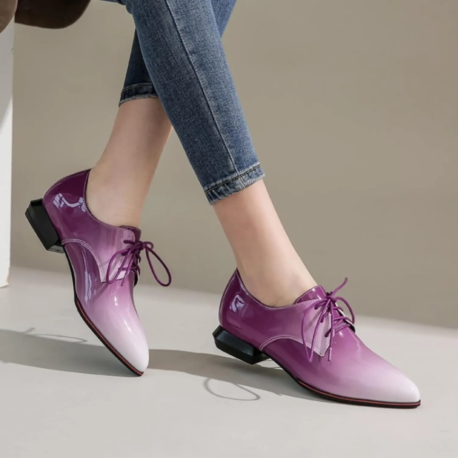 Women's Pointed Closed Toe Chunky Block Lace Up Pumps Shoes Elegant Comfort Casual Low Heel Loafers
