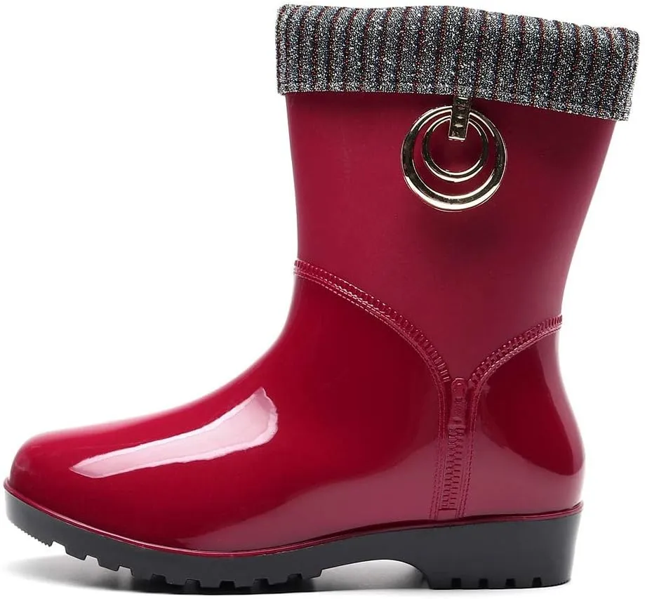 Womens Rain Boots Tall Waterproof Knitted Lined Mens Grounded Footwear Booties Barefoot Shoes Casual Fall Mid Calf Rain Boots for Women,Waterproof Garden Womens Winter Boots