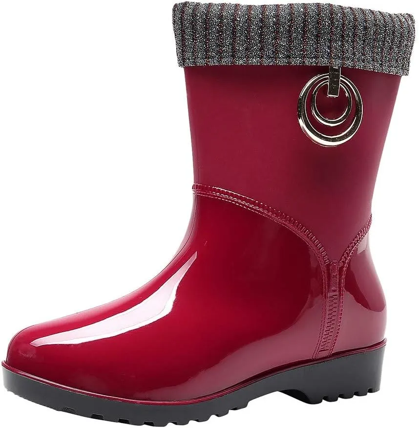 Womens Rain Boots Tall Waterproof Knitted Lined Mens Grounded Footwear Booties Barefoot Shoes Casual Fall Mid Calf Rain Boots for Women,Waterproof Garden Womens Winter Boots