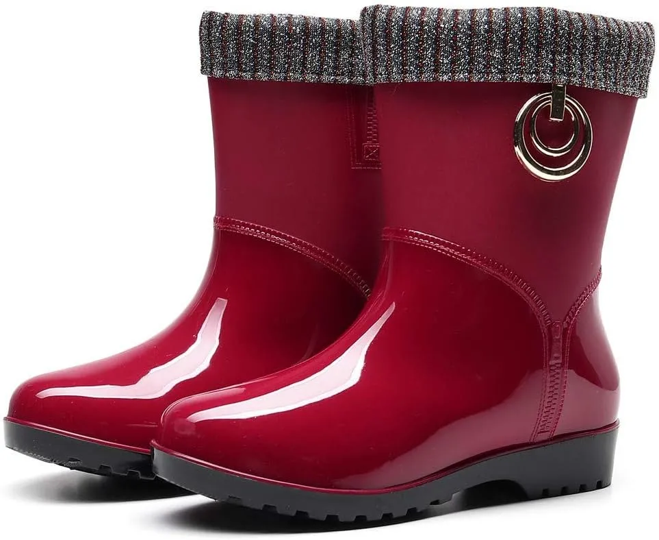 Womens Rain Boots Tall Waterproof Knitted Lined Mens Grounded Footwear Booties Barefoot Shoes Casual Fall Mid Calf Rain Boots for Women,Waterproof Garden Womens Winter Boots