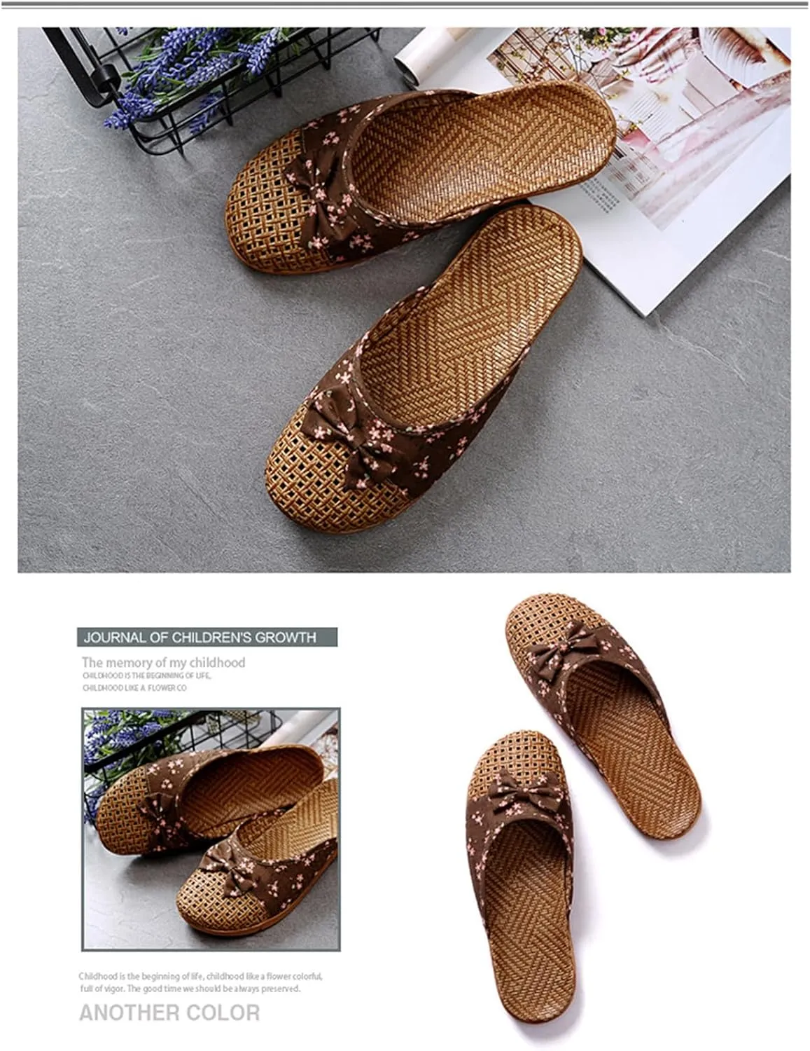 Womens Summer Slippers with Rubber Soles Memory Foam Closed Toe House Slippers Anti Slip Grass Mat Bamboo Sandals Indoor Breathable Outdoor Sandals