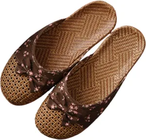 Womens Summer Slippers with Rubber Soles Memory Foam Closed Toe House Slippers Anti Slip Grass Mat Bamboo Sandals Indoor Breathable Outdoor Sandals