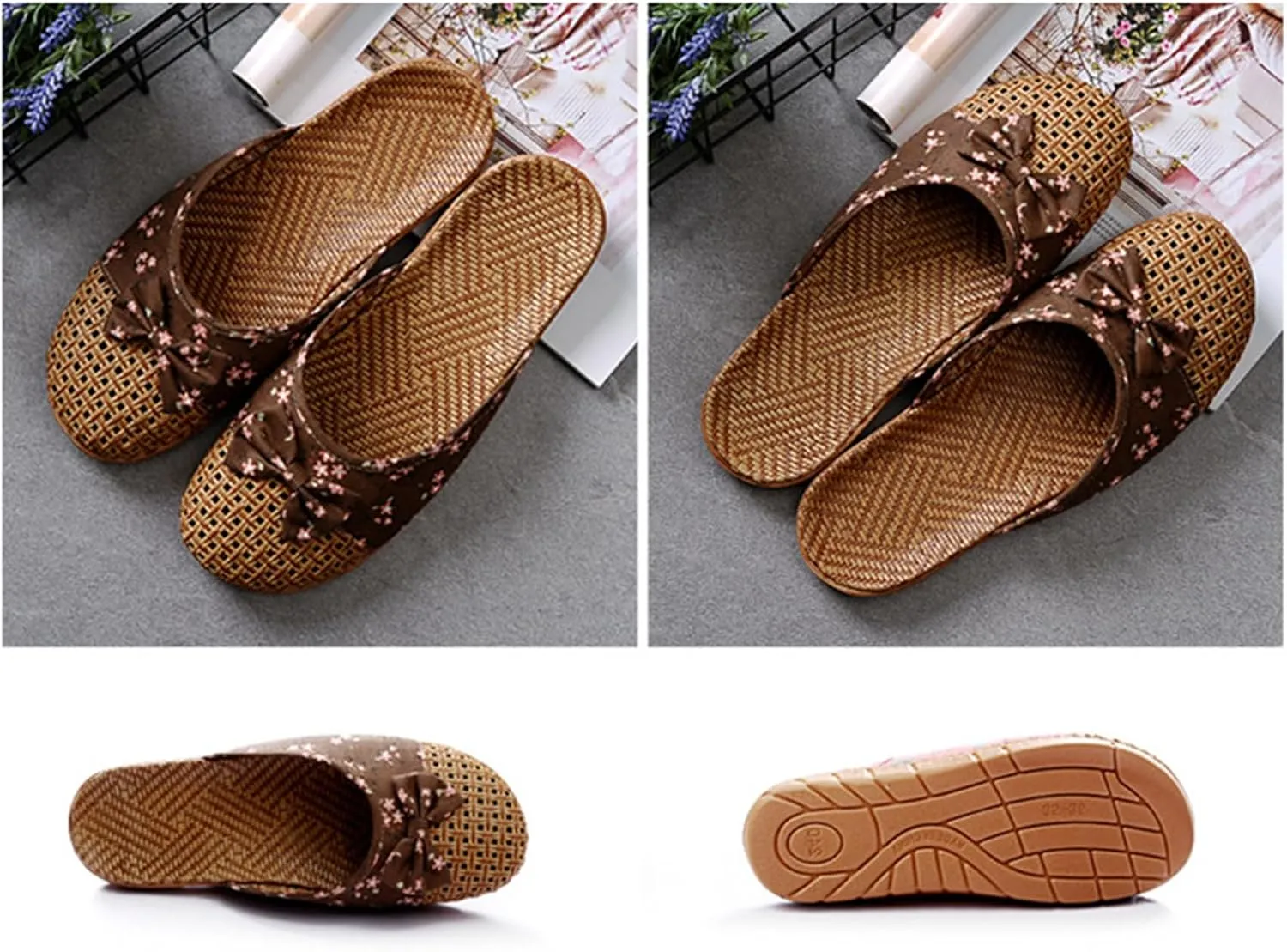 Womens Summer Slippers with Rubber Soles Memory Foam Closed Toe House Slippers Anti Slip Grass Mat Bamboo Sandals Indoor Breathable Outdoor Sandals