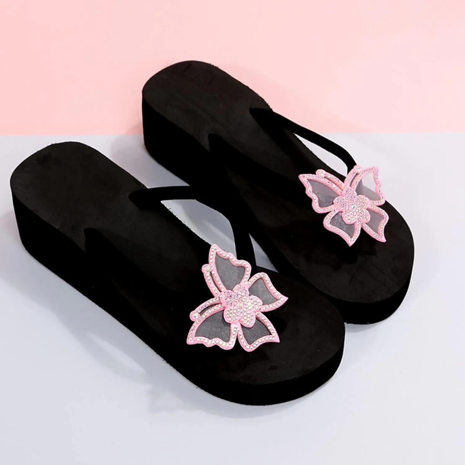 Yanzhenglip Wedge Sandals for Women Women's Summer Flip Flops Casual Rhinestone Butterfly Sandals Outdoor Clip Toe Slippers Beach Shoes Fashion