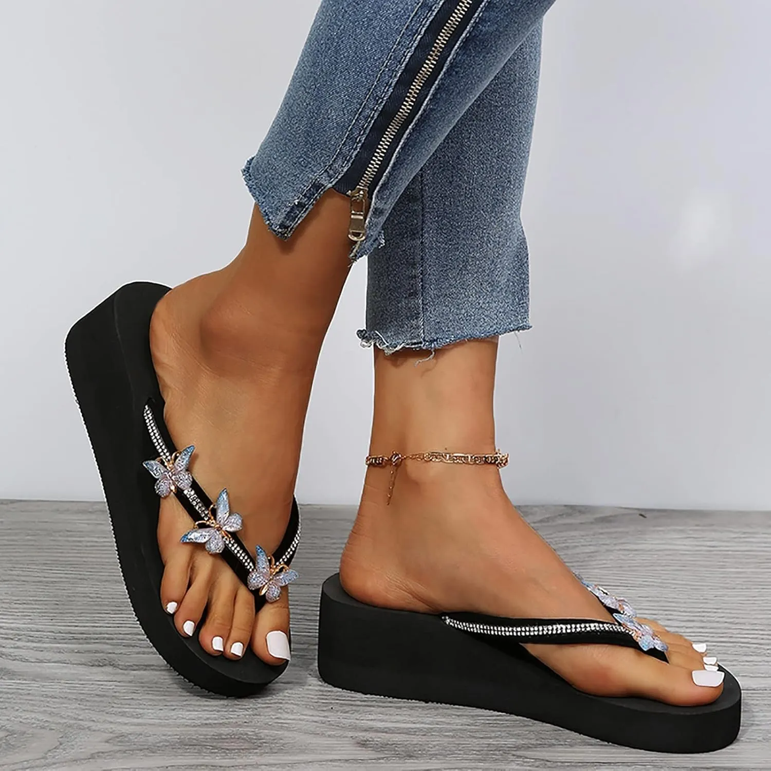 Yanzhenglip Wedge Sandals for Women Women's Summer Flip Flops Casual Rhinestone Butterfly Sandals Outdoor Clip Toe Slippers Beach Shoes Fashion