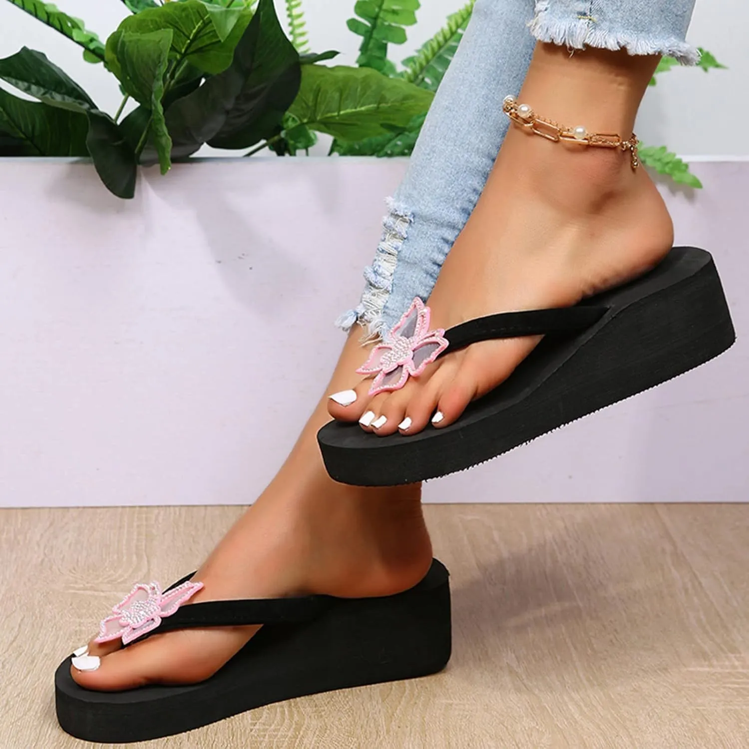 Yanzhenglip Wedge Sandals for Women Women's Summer Flip Flops Casual Rhinestone Butterfly Sandals Outdoor Clip Toe Slippers Beach Shoes Fashion