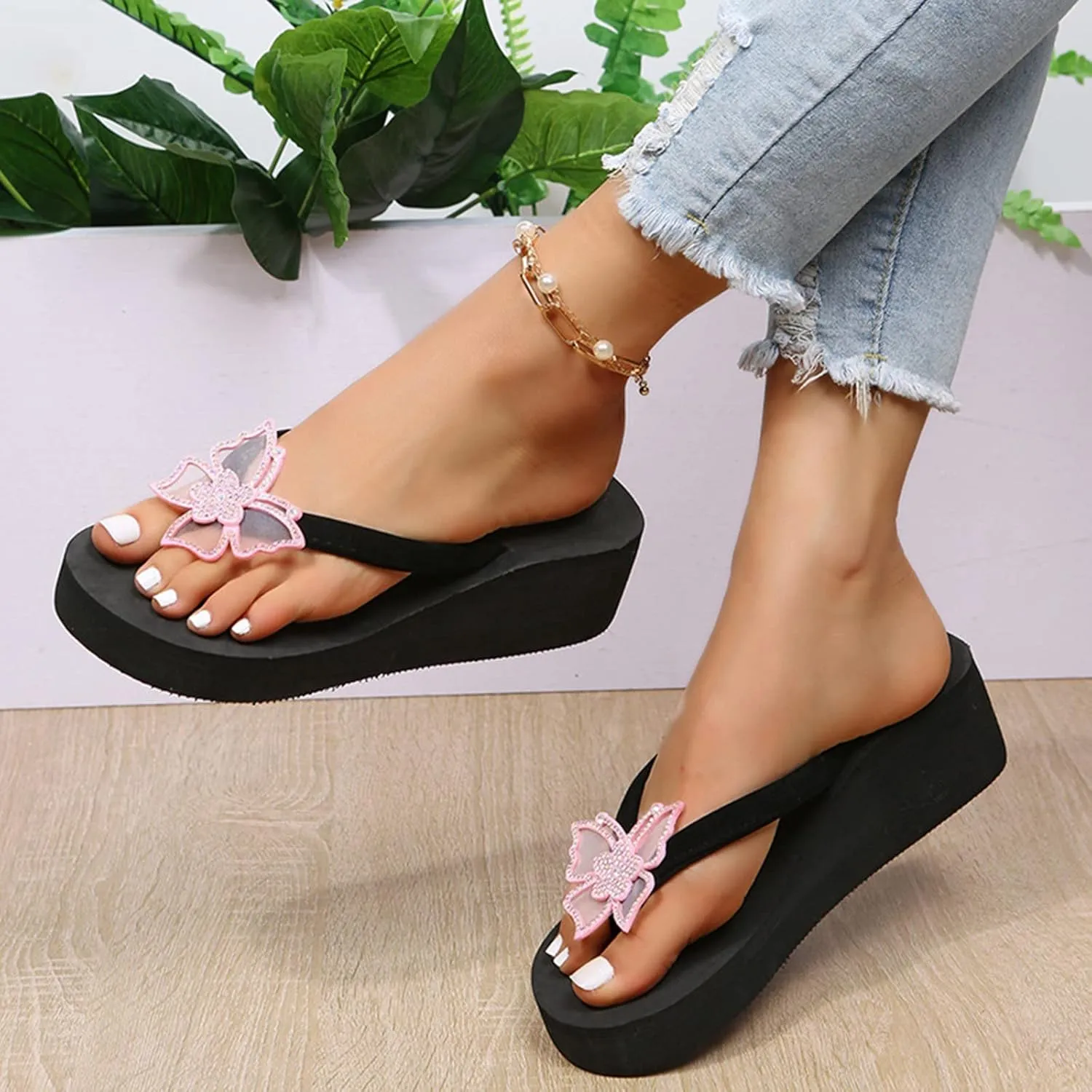 Yanzhenglip Wedge Sandals for Women Women's Summer Flip Flops Casual Rhinestone Butterfly Sandals Outdoor Clip Toe Slippers Beach Shoes Fashion