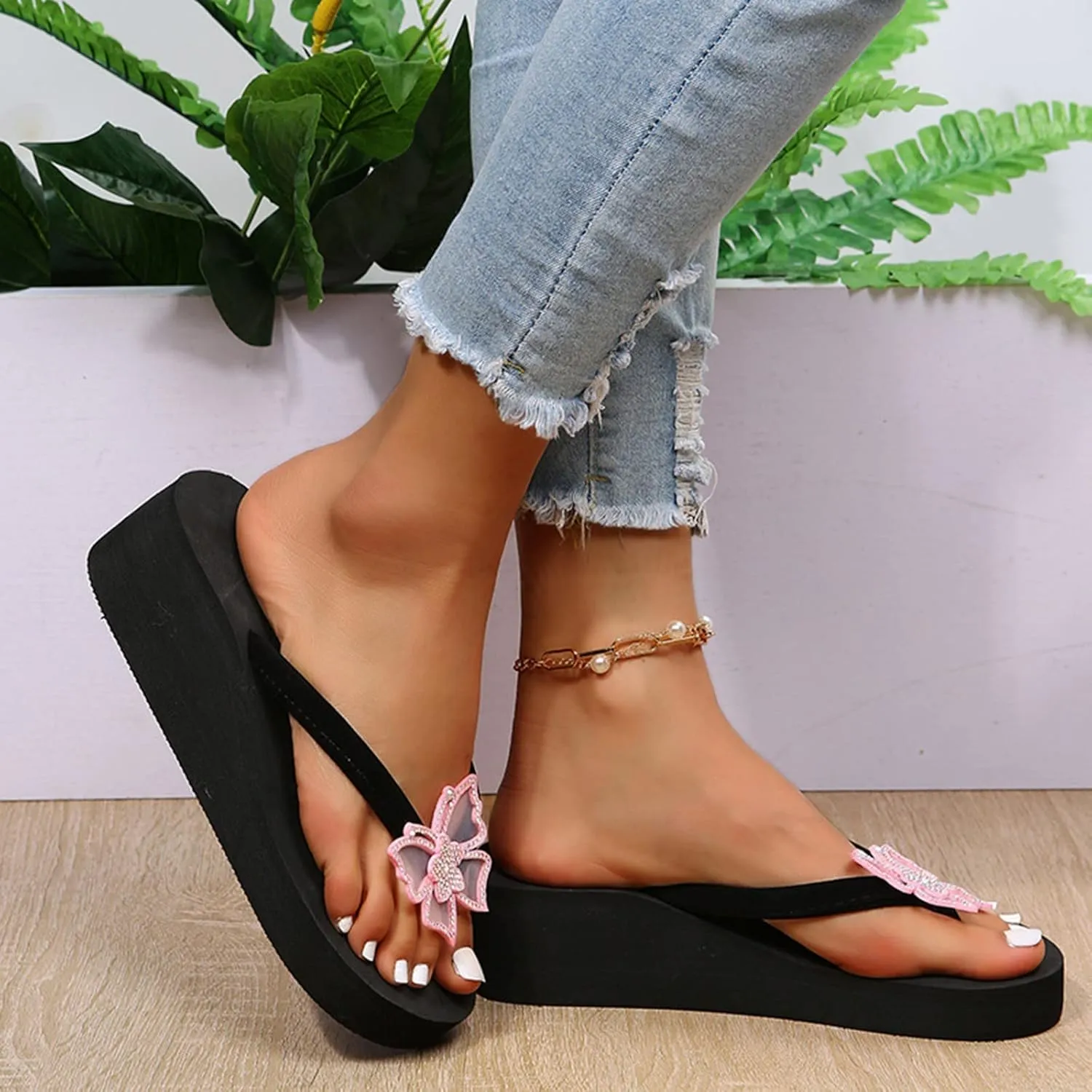 Yanzhenglip Wedge Sandals for Women Women's Summer Flip Flops Casual Rhinestone Butterfly Sandals Outdoor Clip Toe Slippers Beach Shoes Fashion