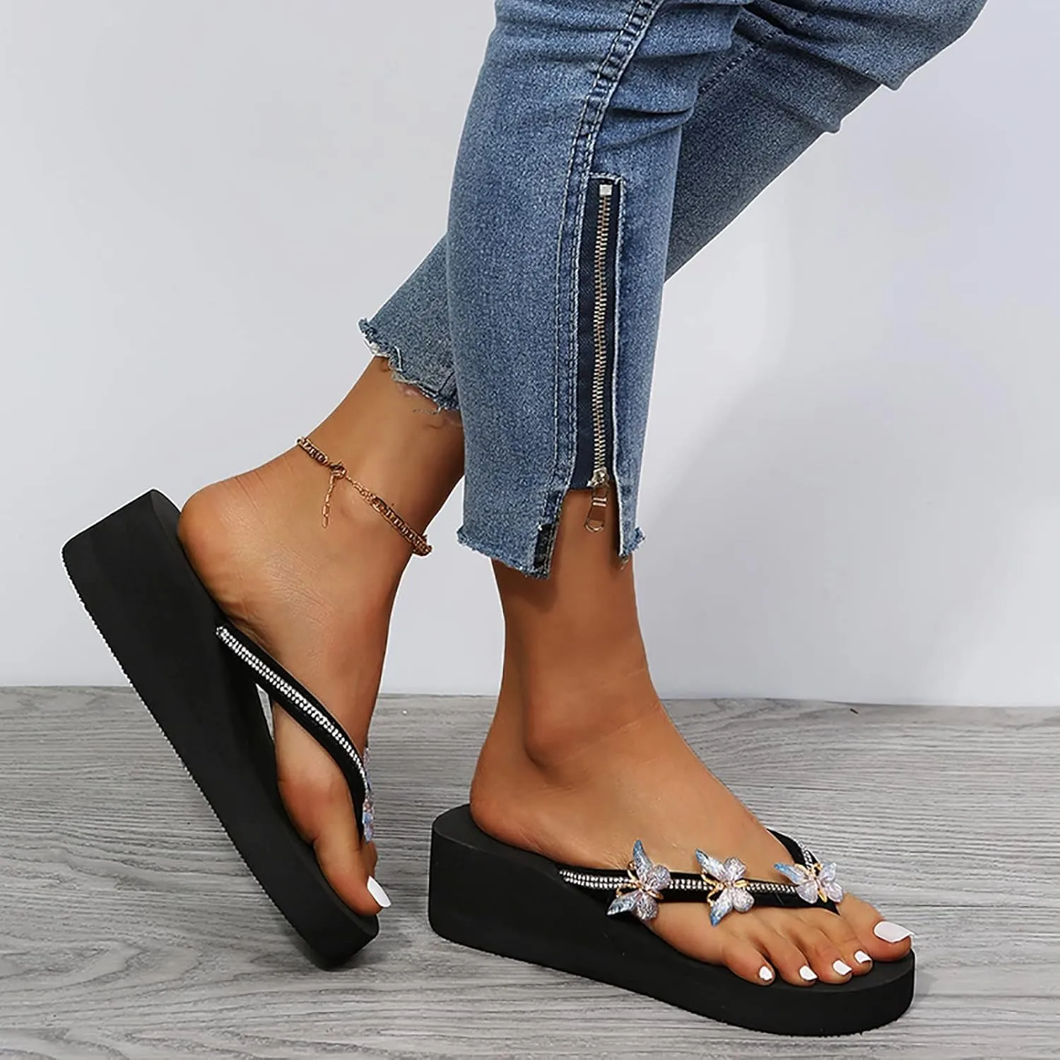 Yanzhenglip Wedge Sandals for Women Women's Summer Flip Flops Casual Rhinestone Butterfly Sandals Outdoor Clip Toe Slippers Beach Shoes Fashion